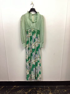 Vtg 70s Patchwork Print Smocked Maxi Dress