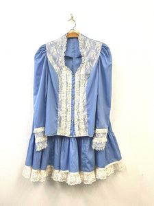 Vtg 70s Prairie Blue Lace Blouse