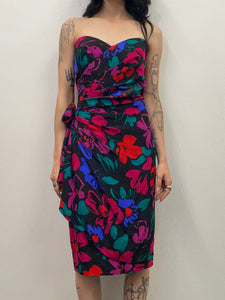 Vtg 80s Strapless Silk Dress