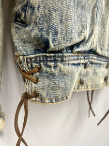 Vtg 80s Acid Wash Denim Fringe Jacket