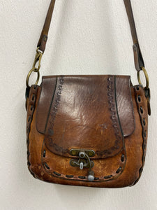 Vtg 70s Tooled leather bag as is