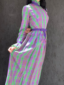 Vtg 70s Taffeta Plaid Maxi Dress