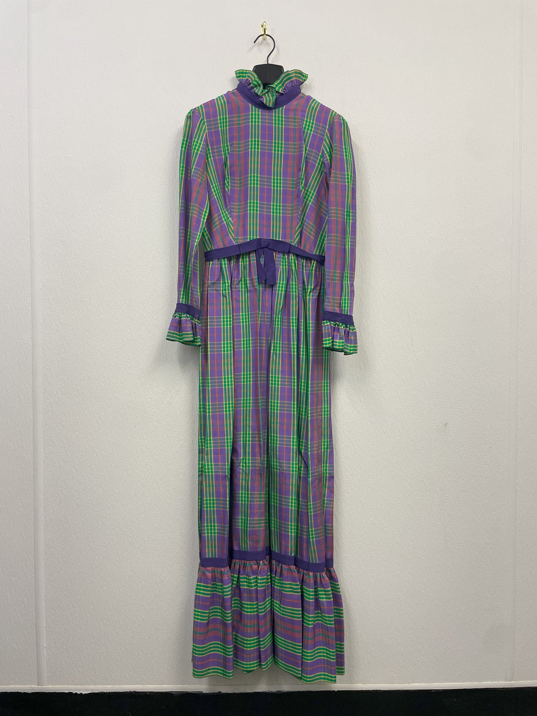 Vtg 70s Taffeta Plaid Maxi Dress