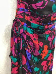 Vtg 80s Strapless Silk Dress