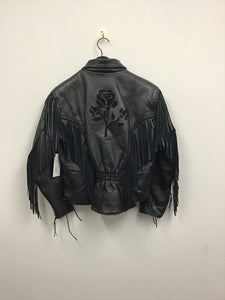 Vtg 80s Rose Inlay Fringe Moto Jacket