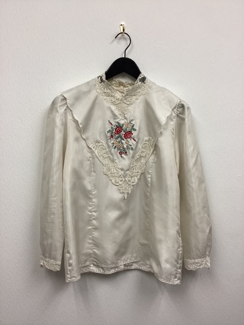 Vtg 80s Silk Embroidered Blouse