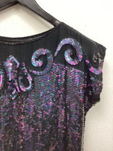 Vtg 80s Silk Sequin Midi Dress