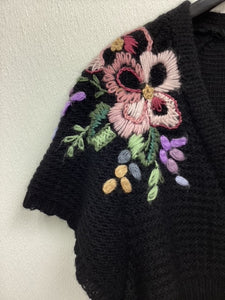 Vtg Black Handknit Flower Cardigan Sweater