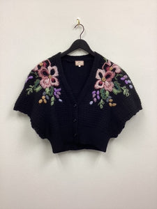 Vtg Black Handknit Flower Cardigan Sweater